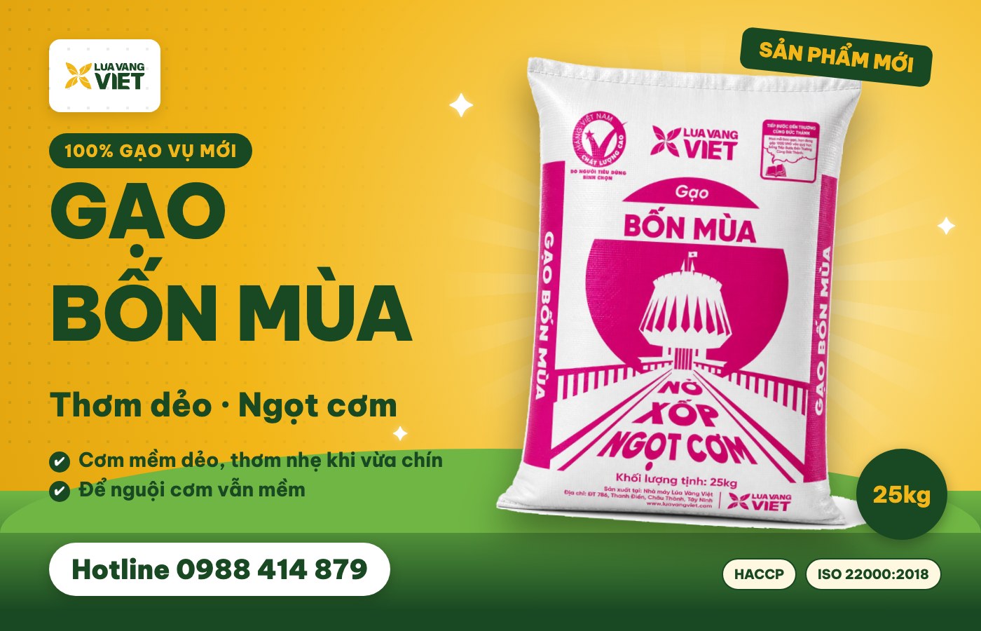 Gạo Bốn Mùa cho gia đình – gạo thơm dẻo bao 25kg Lúa Vàng Việt
